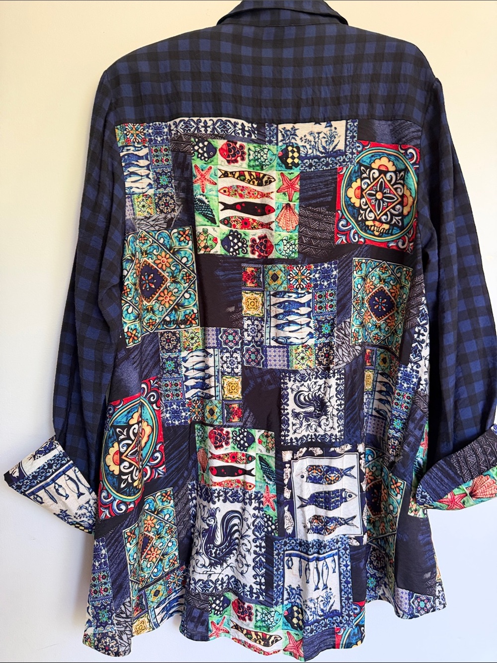 SHANA Blue and Black Check front Multicolour Back Button-Up Shirt